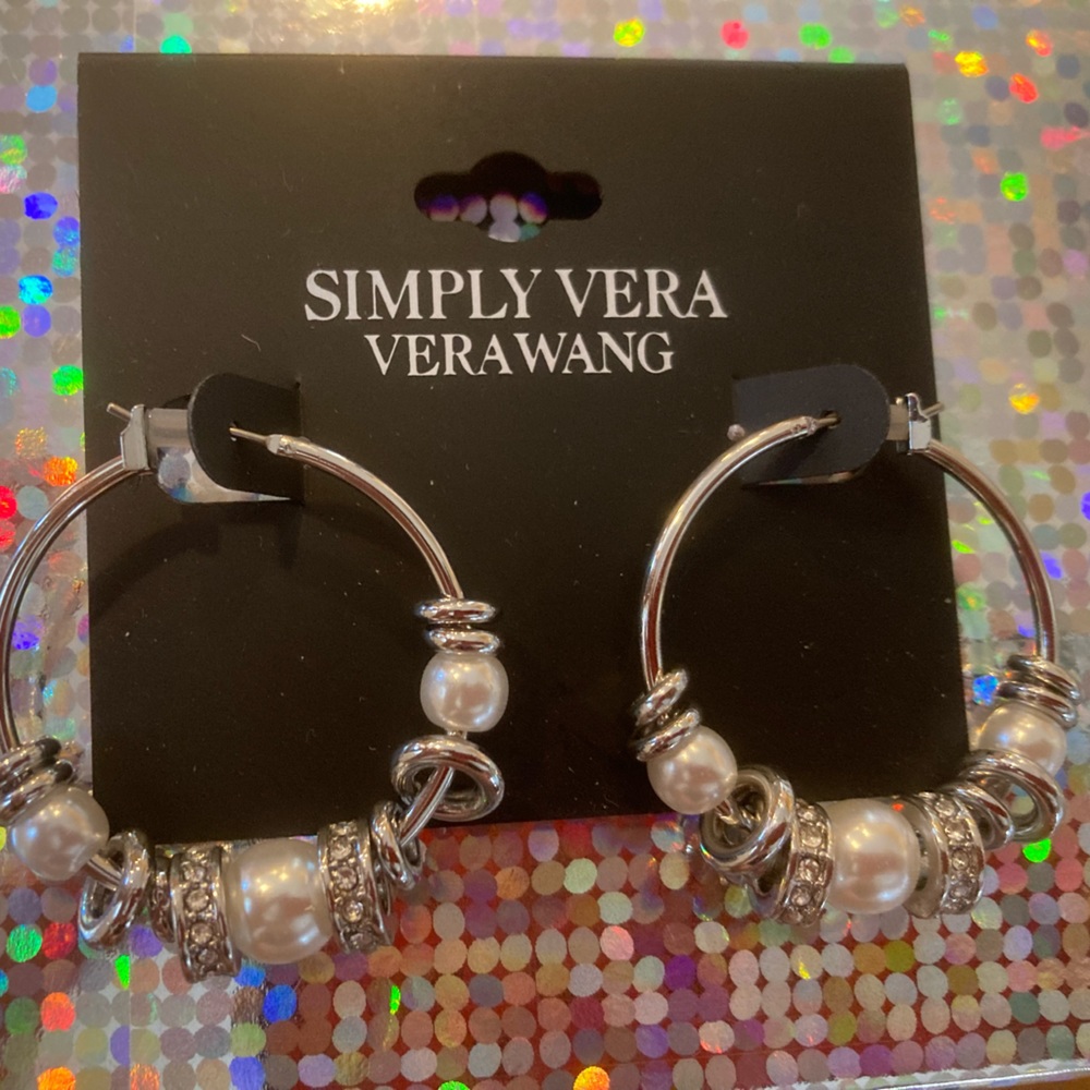 NWT SIMPLY VERA WANG SILVER EMBELLISHED HOOPS